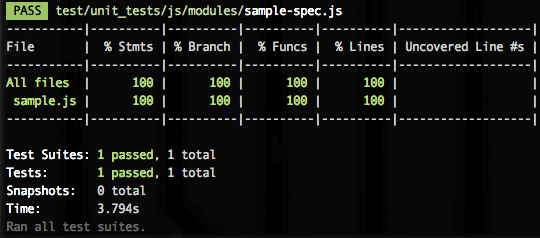 Console output for passing unit test: "PASS test/unit_tests/js/modules/sample-spec.js"