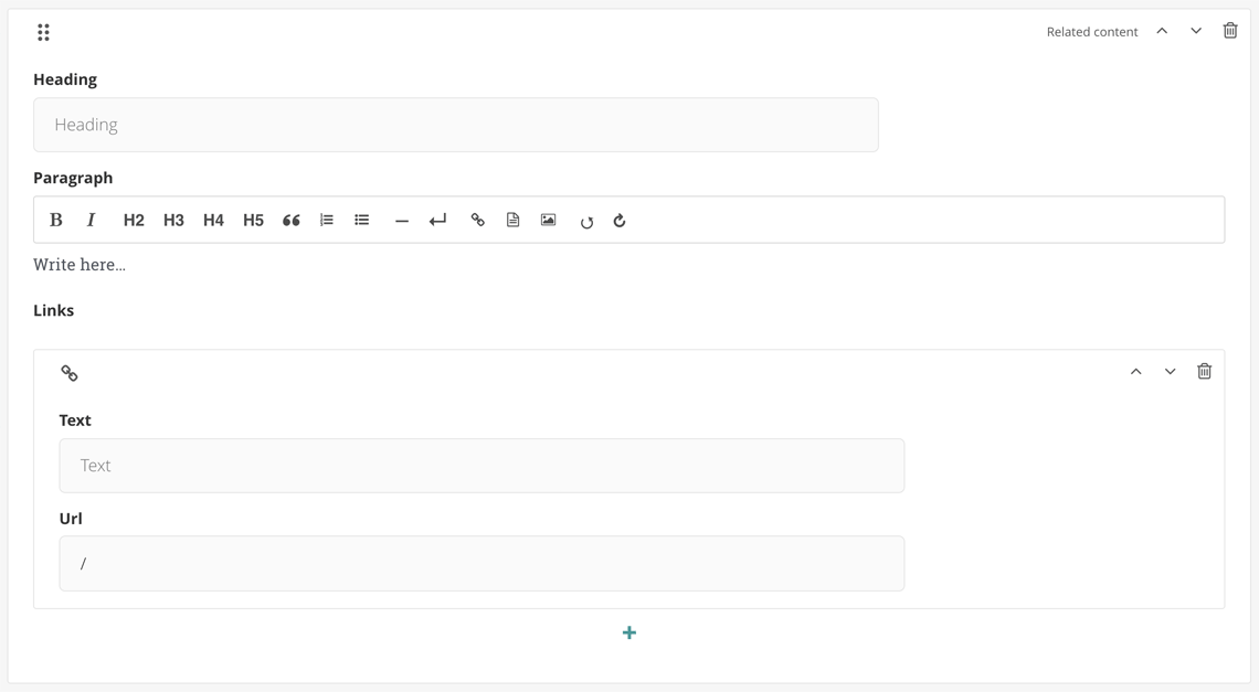 A screenshot of a Related Content module with heading, paragraph, and links fields